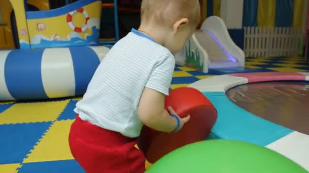 小さな 2 歳の幼児男の子ピラミッドで遊ぶ — ストック動画