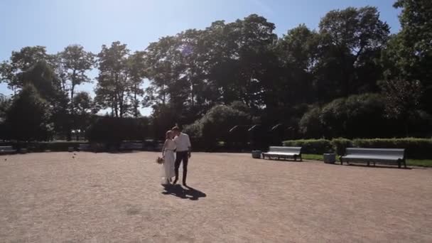 Bride and groom walking away in park outdoors — Stock Video