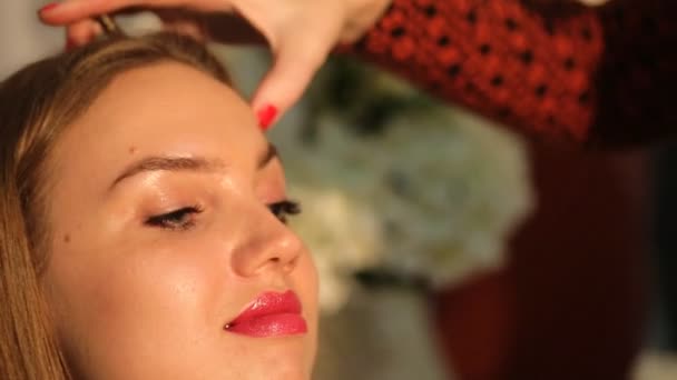 Artista de maquillaje enseña a las niñas a pintar cejas — Vídeo de stock