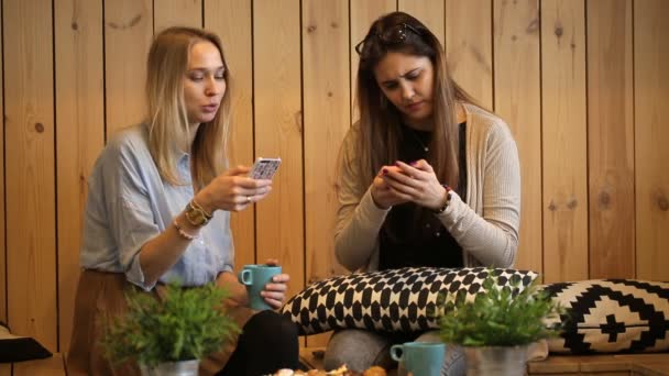 Krásné dívky, posezení v kavárně s čajem a při pohledu na chytrý telefon. — Stock video