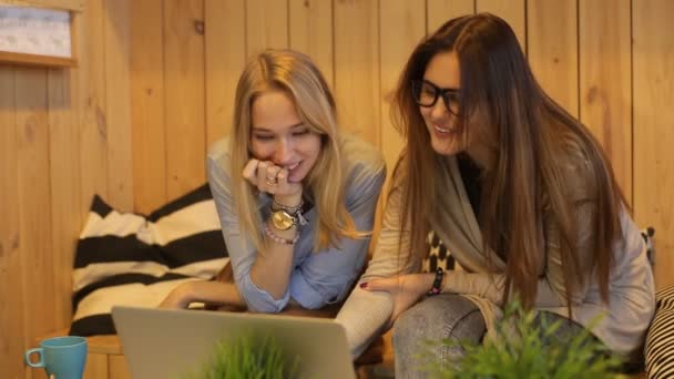 Due belle ragazze che sorridono e usano il computer portatile — Video Stock