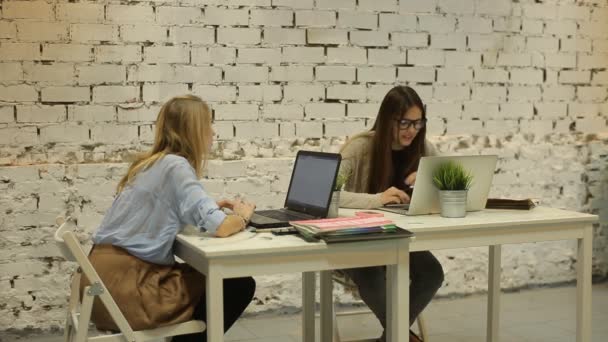 Twee smilling zakenvrouwen op laptop werken op kantoor — Stockvideo