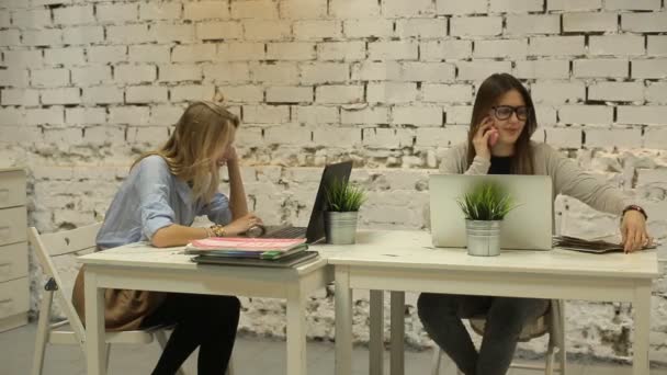 Due donne d'affari sorridenti che lavorano su computer portatile a ufficio — Video Stock