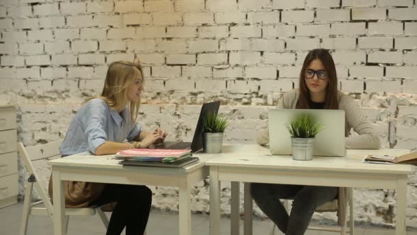 Two smilling businesswomen working on laptop at office — Stock Video