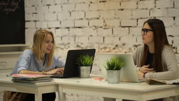 Two smilling businesswomen working on laptop at office — Stock Video