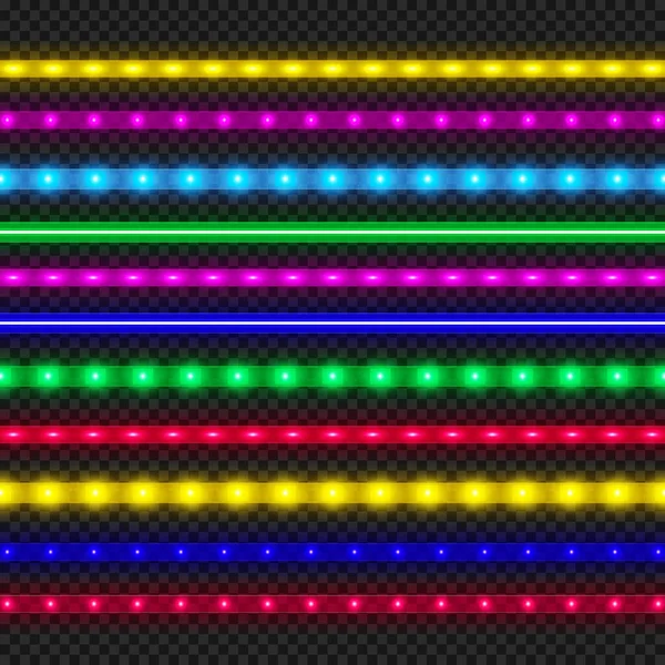 Colección de tiras led. Decoración de cinta iluminada brillante colorido. Luces de neón realistas — Archivo Imágenes Vectoriales