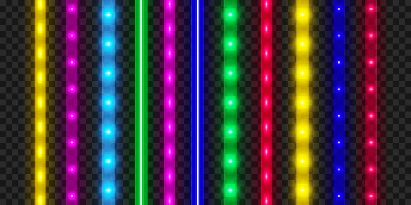 Juego de tiras led. Decoración de cinta iluminada brillante colorido. Luces de neón realistas — Archivo Imágenes Vectoriales