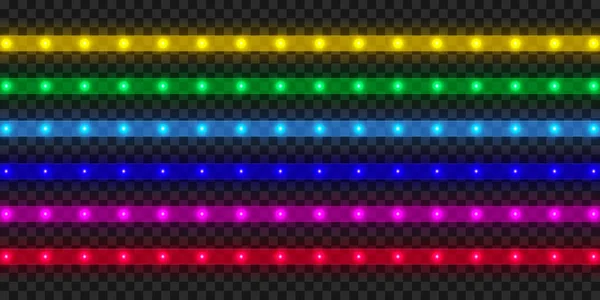 LED strip collectie. Kleurrijke gloeiende verlichte tape decoratie. Realistische neonverlichting — Stockvector