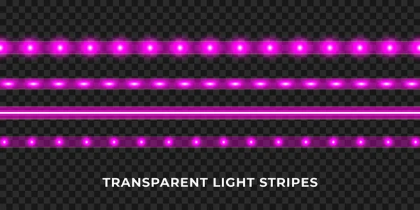 紫色LED条设置。色彩艳丽的光彩夺目的带子装饰.现实的霓虹灯 — 图库矢量图片