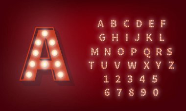 3D ampul alfabesi. Broadway retro tarzı tipografi yazıtipi