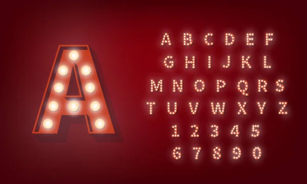 Alfabeto bombilla 3d. Broadway retro style typography fuente — Vector de stock