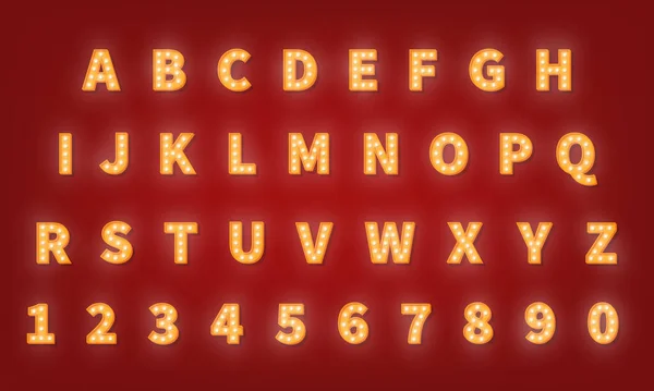 Casino retro arany tipográfia betűtípus. 3d villanykörte ábécé — Stock Vector