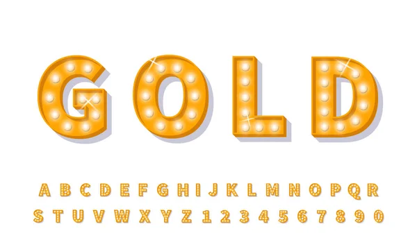 Gold 3d Glühbirne Schrift. Leichte Schrift im Retro-Stil — Stockvektor