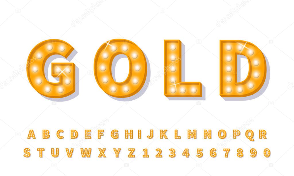 Gold 3d light bulb font. Retro style alphabet light typeface