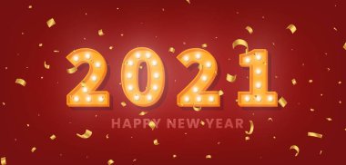 2021 mutlu yıllar. Yeni yıl kutlaması için 3D altın afiş lambası mesajı ve altın konfeti.