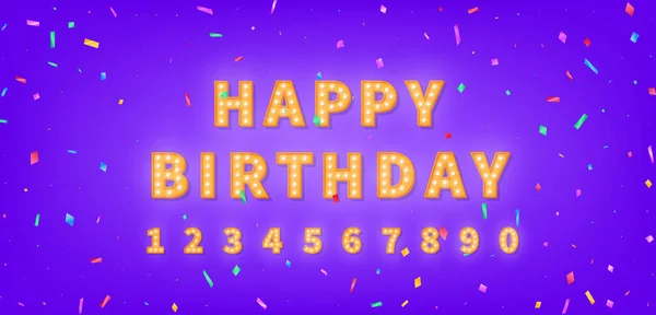 З днем народження шаблон із золотим текстом марки та барвистим конфетті. 3D лампочка Happy Birthday вітальна листівка — стоковий вектор