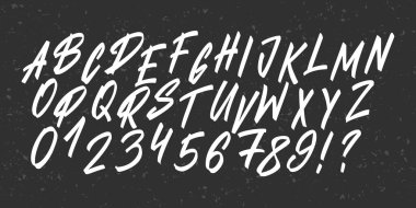 El yapımı fırça yazı tipi. Harfli fırça yazı tipi alfabesi. Vektör büyük harf, sayı ve noktalama işareti