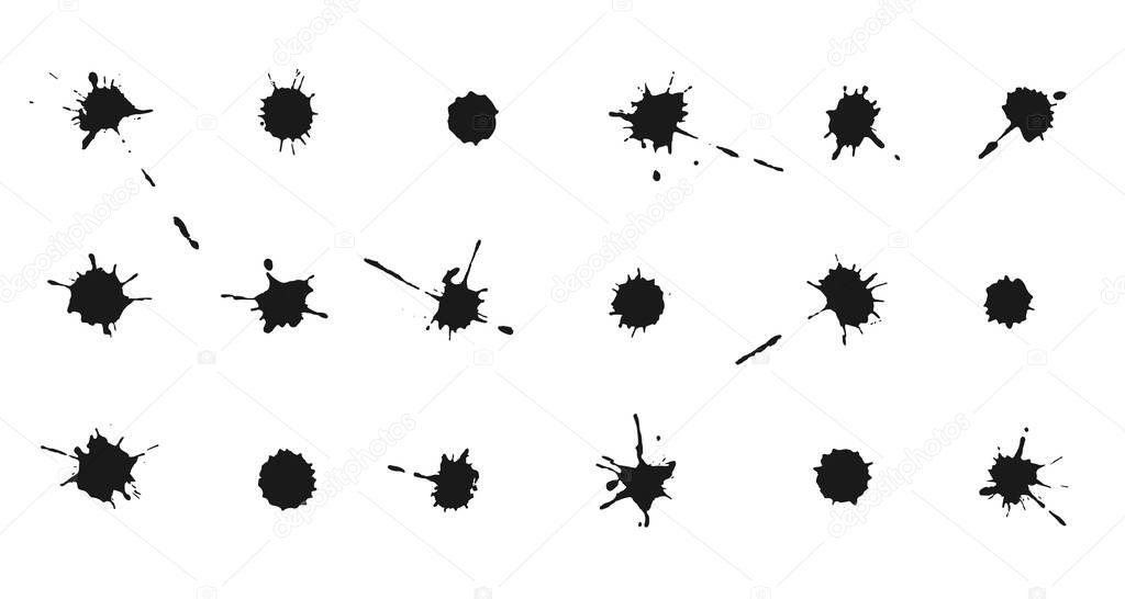 Set of Ink splashes and drops. Collection of handdrawn blobs, blots and spatters.
