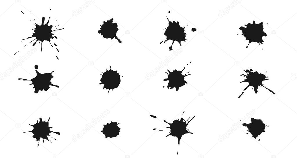 Vector Ink splashes and drops. Set of handdrawn blobs, blots and spatters.