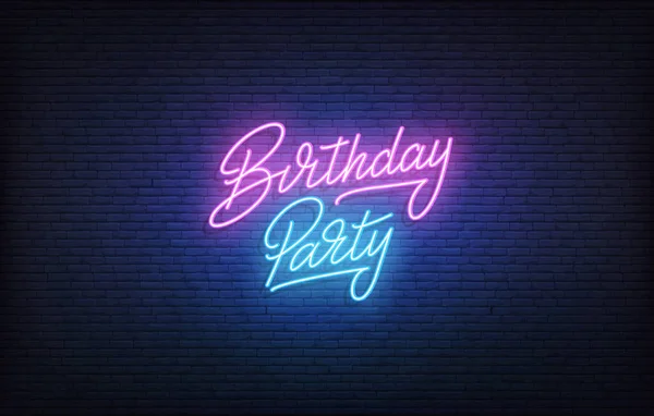 Doğum günü partisi neon ışığı. Parlayan neon harfleri doğum günü şablonu — Stok Vektör