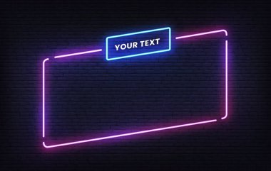 Yer tutuculu neon çerçeve şablonu. Mor eğimli ışık pankartı tasarım şablonu. Vektör parlayan dikdörtgen tabela