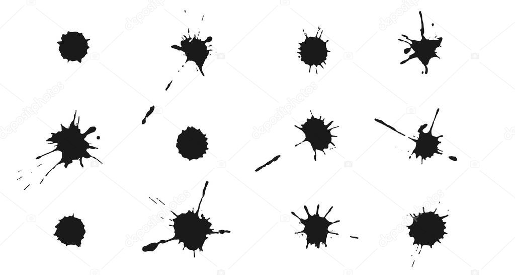 Vector Ink splashes and drops. Set of handdrawn blobs, blots and spatters