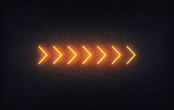 Leuchtende Pfeilzeichen. Set von orange leuchtenden Neon-Pfeil-Zeiger auf Backstein-Wand Hintergrund — Stockvektor