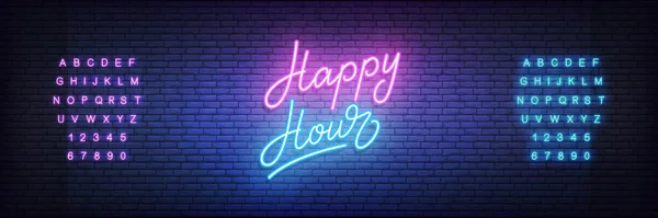 Happy Hour Neon-Vorlage. Leuchtende Leuchtschrift Happy Hour-Zeichen — Stockvektor