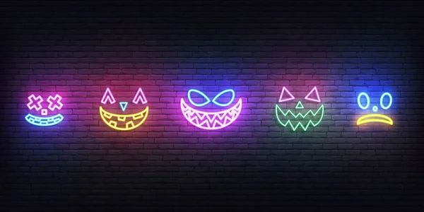 Halloween neon gezicht pictogrammen. Set van heldere gezichtsuitdrukkingen voor Halloween viering Rechtenvrije Stockillustraties