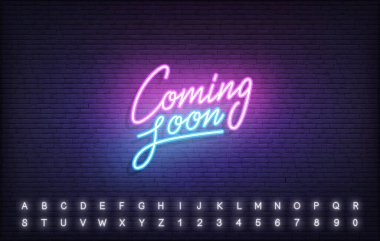 Yakında neon şablonu geliyor. Parlayan neon harfler, yakında gelecek işareti.