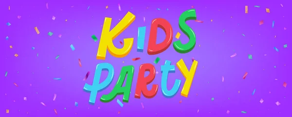 Kids Party vektor banner i tecknad stil. Färgglada barn bokstäver kort med konfetti — Stock vektor