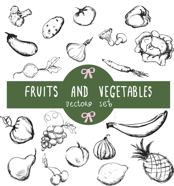 Conjunto vectorial de frutas y verduras frescas vintage dibujadas a mano — Archivo Imágenes Vectoriales