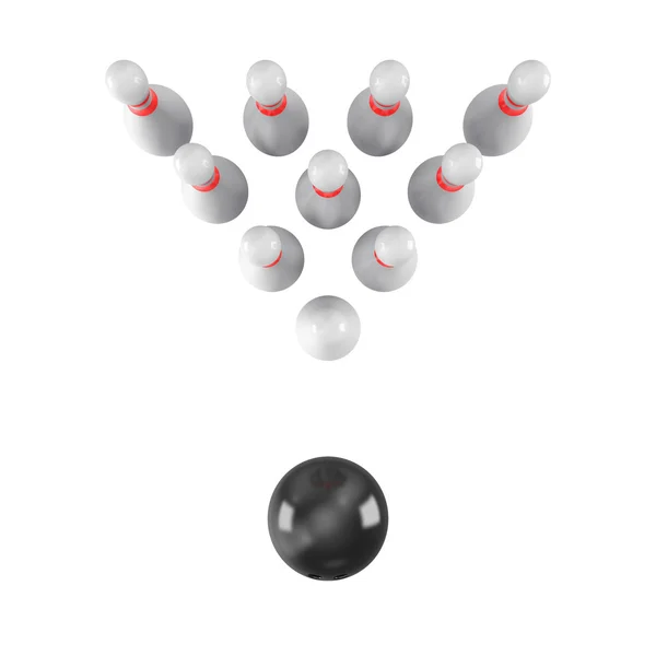 Bola de bolos chocando contra los pines sobre fondo blanco Imagen De Stock