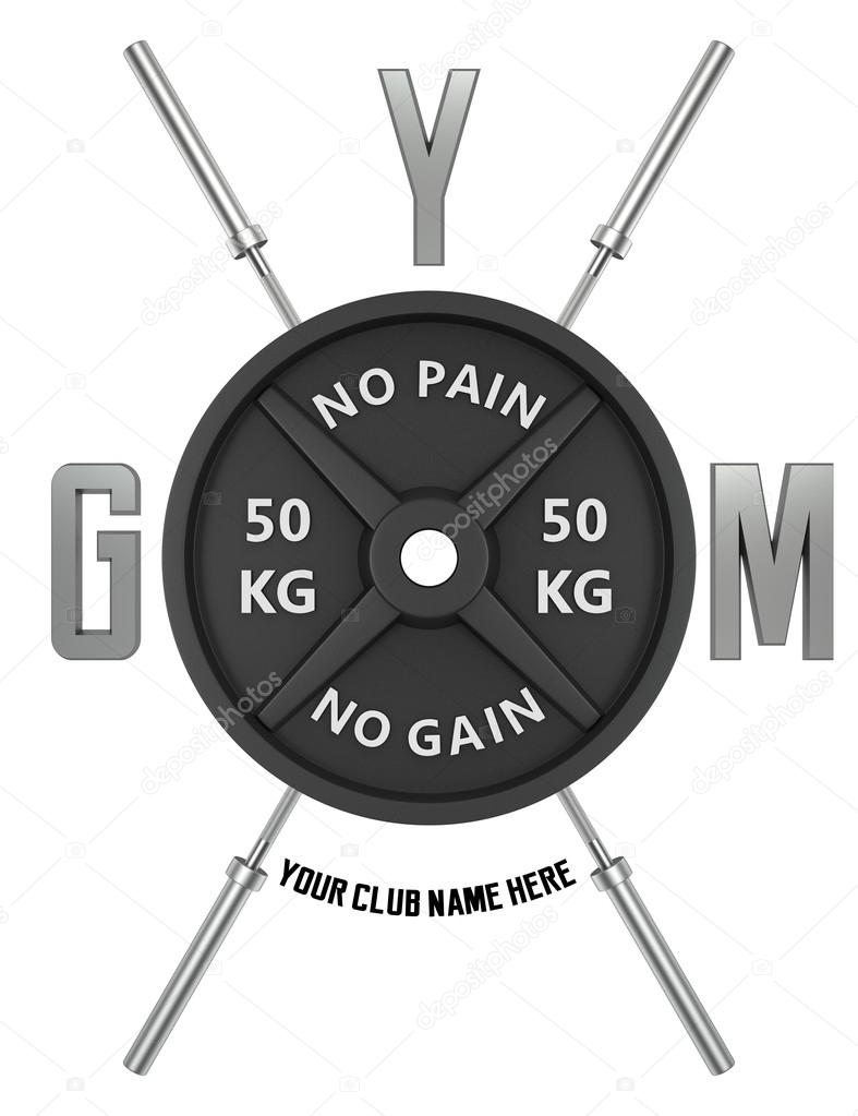 Gym logo in 3d style. CG image. Weights with barbell rod.