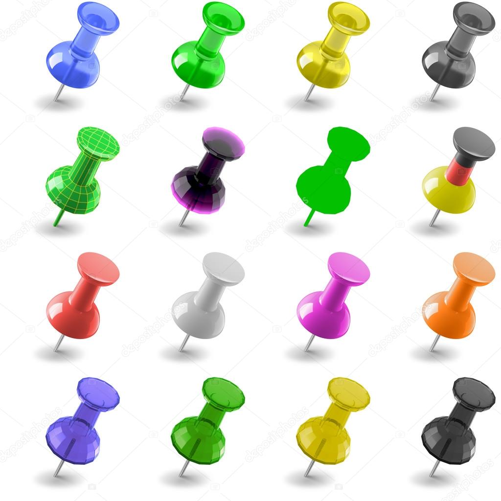 The pins of various colors on a white background