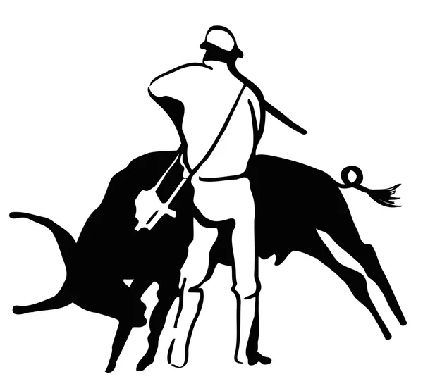 Векторный иллюстрационный эскиз человека с пистолетом и большой силуэт быка — стоковый вектор