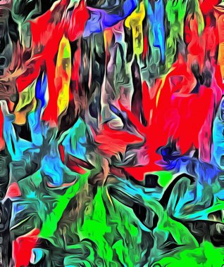 Değişik boyutlarda ve şekillerde fırça darbeleri ve renkli boya lekeleri. Tasarım için psikedelik soyut arkaplan.