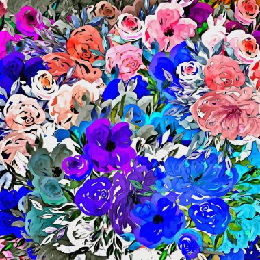 Çiçek çıkartmalarının çok renkli fırça darbelerinden soyut renkli arkaplan