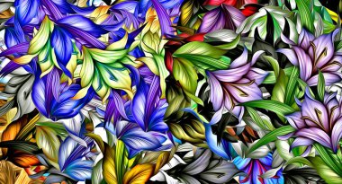 Çiçek çıkartmalarının çok renkli fırça darbelerinden soyut renkli arkaplan