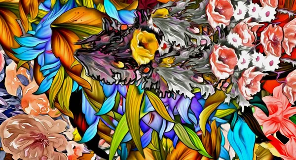 Abstrakcyjne Kolorowe Tło Wielobarwnych Pociągnięć Pędzla Naklejek Kwiatowych — Zdjęcie stockowe