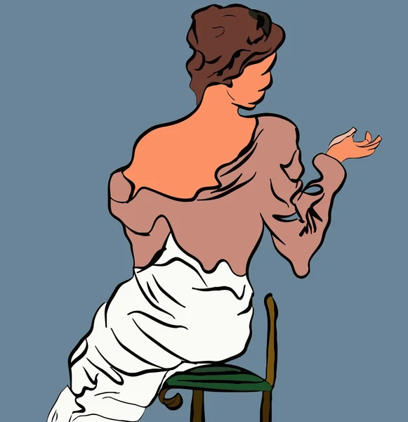Молода жінка сидить спиною в кріслі в довгій сукні — стоковий вектор