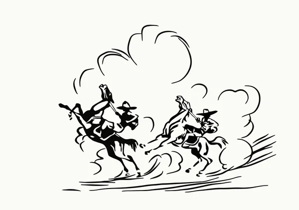 Oeste selvagem - cowboys em perseguição - esboço ilustração vetorial —  Vetores de Stock