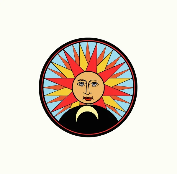 Símbolo antiguo de la cara del sol y la luna. Ilustración vectorial — Archivo Imágenes Vectoriales