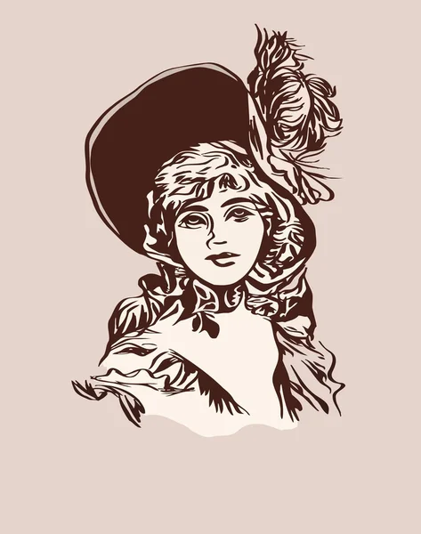 Boceto de la cabeza de una mujer con un sombrero. estilo retro — Vector de stock