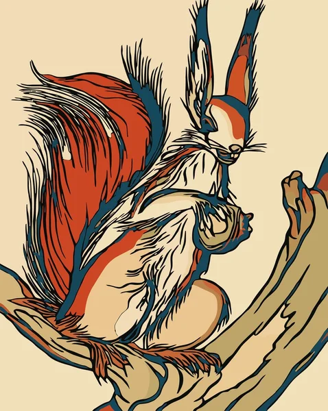 Rotes Eichhörnchen sitzt auf einem Ast und hält eine Mutter — Stockvektor