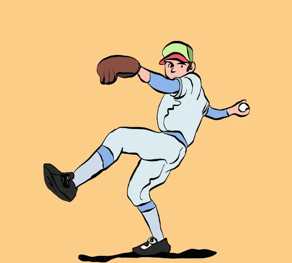 Baseball pitcher balansera på ett ben innan pitch — Stock vektor