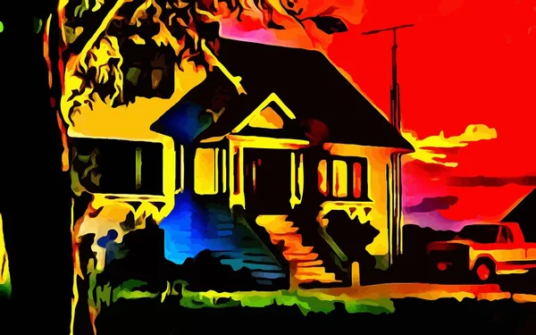 Bungalow au coucher du soleil ciel fond — Image vectorielle