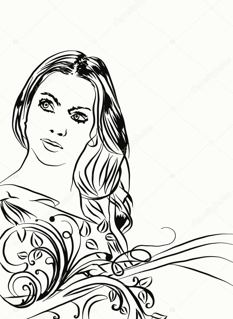 sketch of a girl in black and white on the background with floral ornament