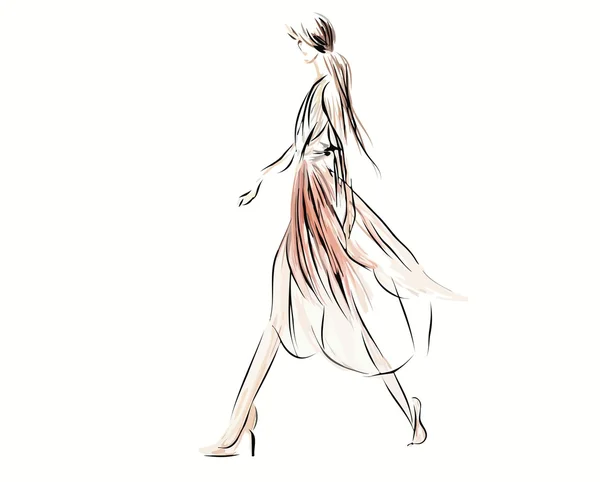 Boceto de una chica caminando en el vestido aireado luz — Vector de stock