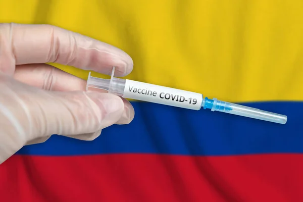 Coronavirus Covid Vakcinační Koncept Kolumbii Lékařskou Rukou Injekční Stříkačkou — Stock fotografie